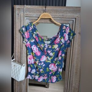 vintage Abercrombie & Fitch floral bustier-style top in navy blue with pink and